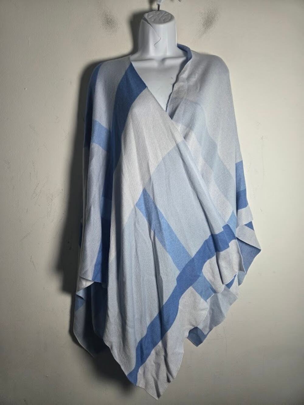 J.McLauglin Blue & White Geo Plaid Cotton/Modal Wrap Knit Shawl One Size